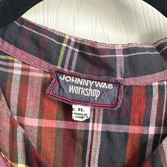 Embroidered Johnny Was V-neck Plaid Burgundy Floral size XL - Picture 2 of 10